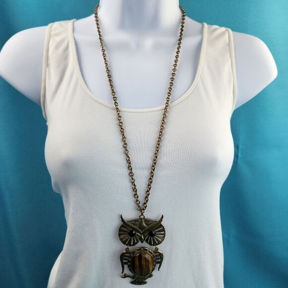 🔺️Tigers Eye Owl Pendant Necklace - Picture 3 of 11